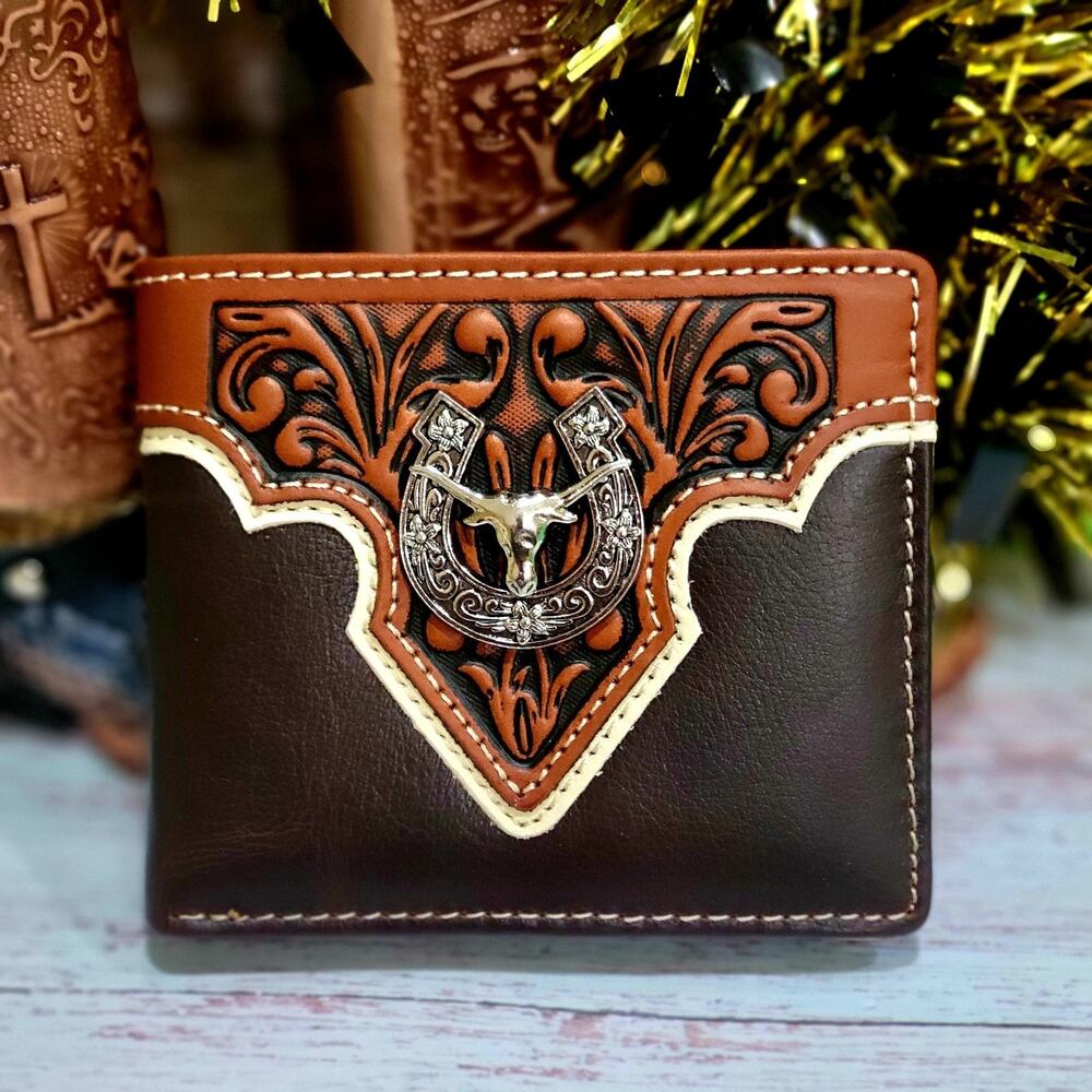 Longhorn Mens wallet Western GENUINE LEATHER Short Bifold handtooled Brown